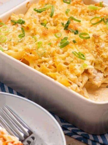 A baked pasta dish topped with melted cheese and garnished with chopped green onions in a rectangular casserole dish. A portion is served on a plate in the foreground. A small bowl of sliced green onions is beside the dish on a napkin.