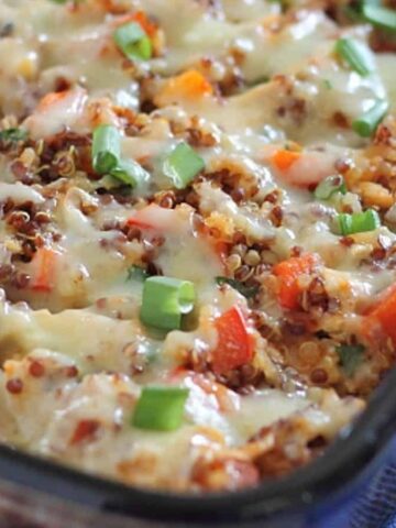 Chicken cheddar quinoa casserole in a pyrex dish.