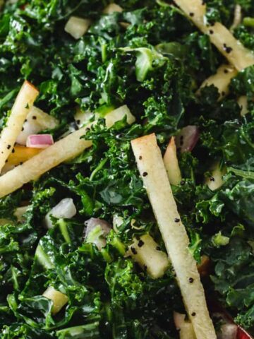 A close-up of a kale salad featuring finely chopped kale, thinly sliced apple strips, and visible black sesame seeds. Small bits of red onion are also mixed in. The salad is displayed in a white bowl.