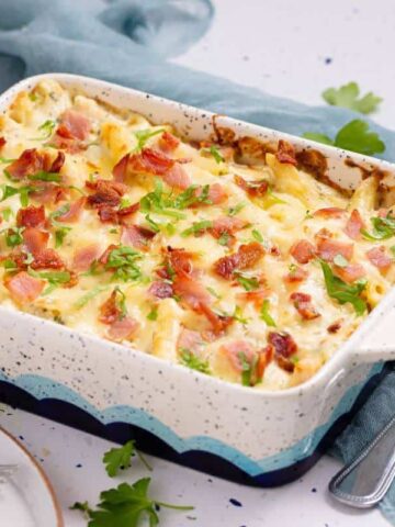 Chicken bacon ranch casserole in baking dish.