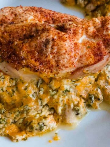A cooked chicken breast seasoned with spices rests on a bed of creamy, cheese-filled spinach on a white plate. The dish appears warm and baked, with melted cheese visible in the spinach mixture.