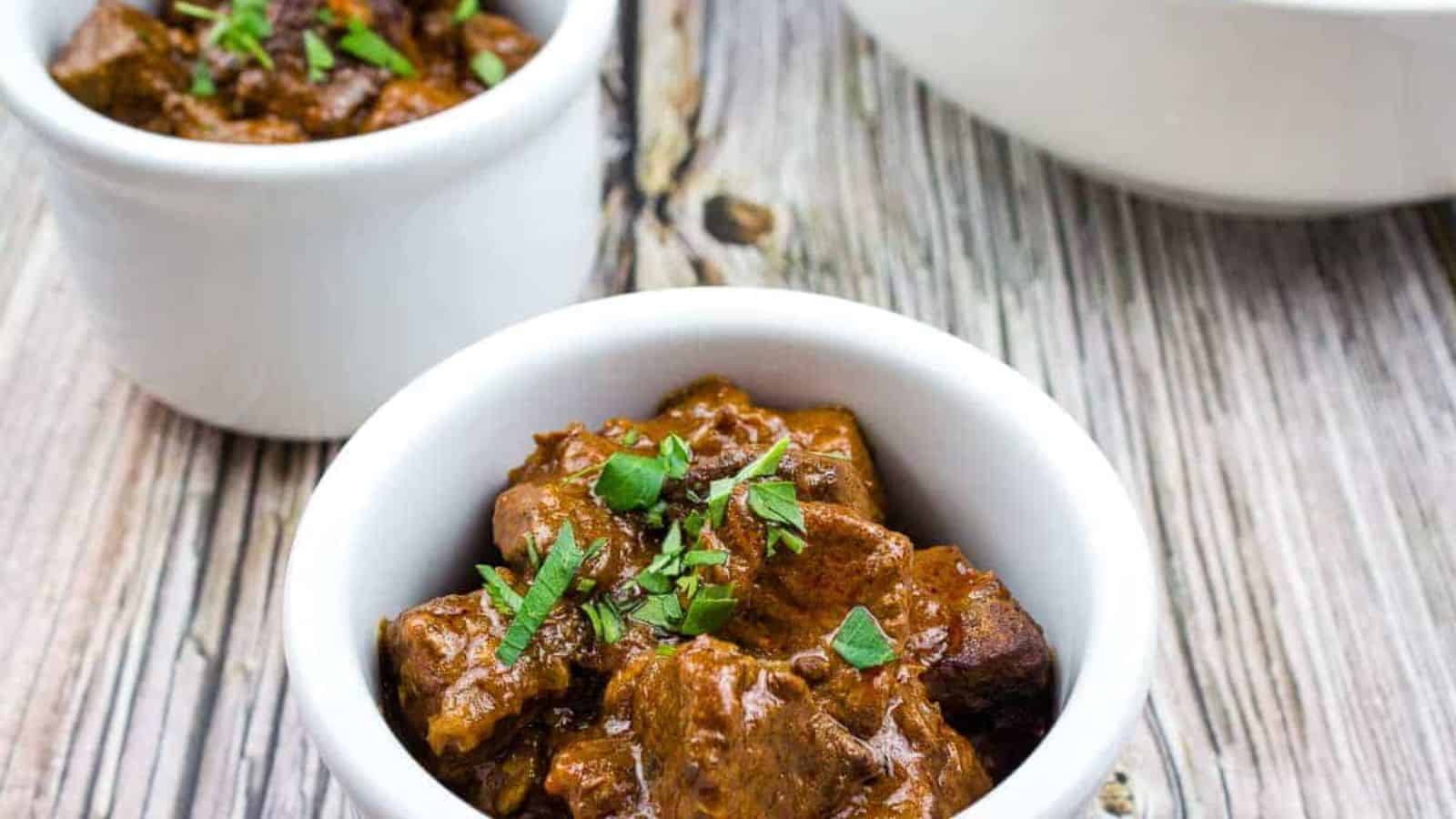 Hungarian Goulash in two white bowls.