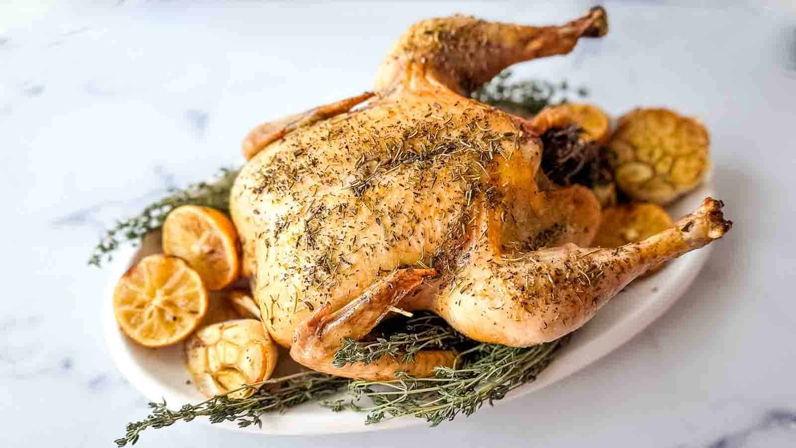 A roasted chicken seasoned with herbs sits on a white platter, surrounded by sliced lemons, roasted garlic, and fresh sprigs. This oven meal on a white marble surface offers a taste of relaxing cooking with easy recipes for any occasion.