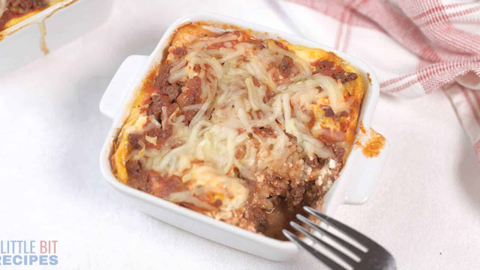 Lasagna for One in small 10-ounce square baking pan.