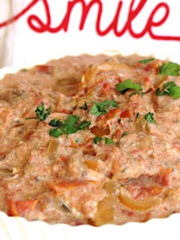 A person holds a round dish filled with a chunky, tomato-based dip, garnished with a sprinkle of fresh parsley. They are wearing a white shirt with the word "Smile" written on it in red.