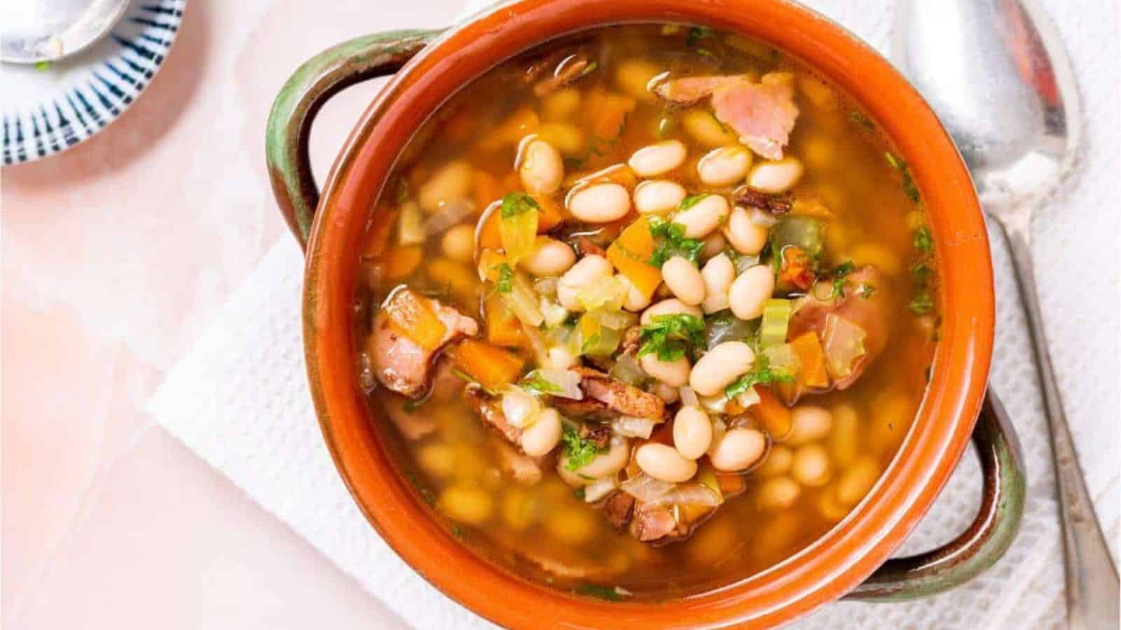 Navy Bean and Ham Soup in a serving crock.