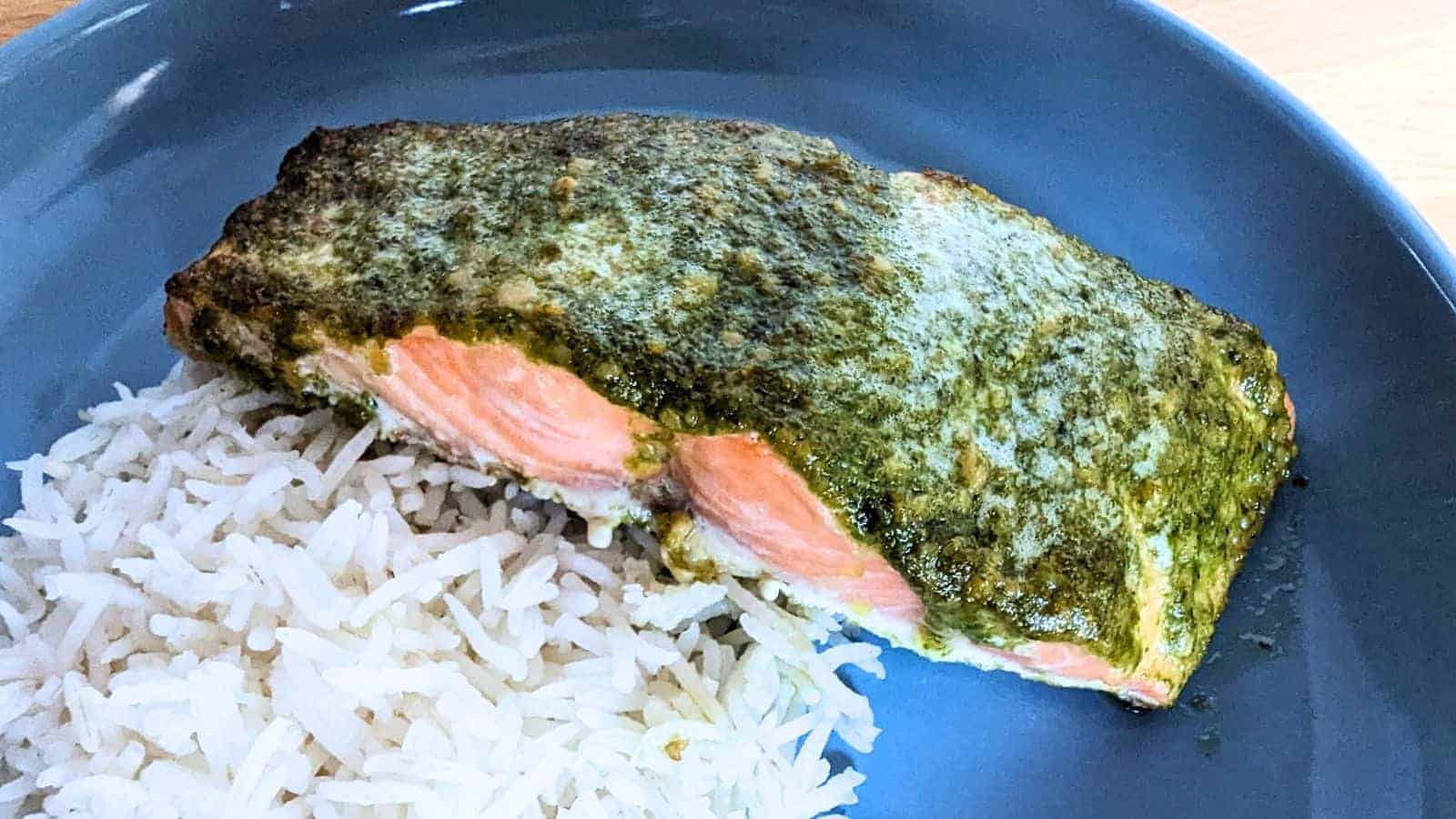 A piece of salmon covered in a green herb crust is served on a dark plate alongside a portion of white rice. Perfect for cozy dinner ideas, the salmon is cooked to perfection, showcasing its tender pink interior.