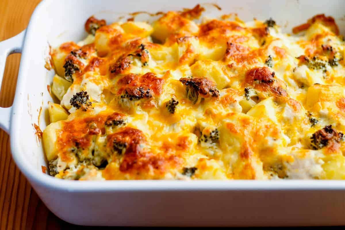 A chicken broccoli potato casserole in a baking dish.