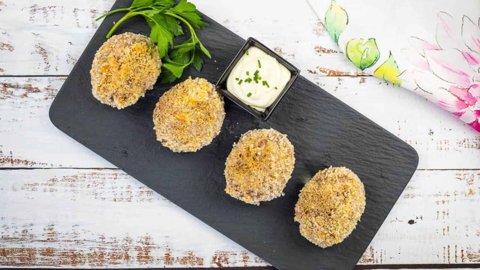 Scotch Eggs on a black plate.