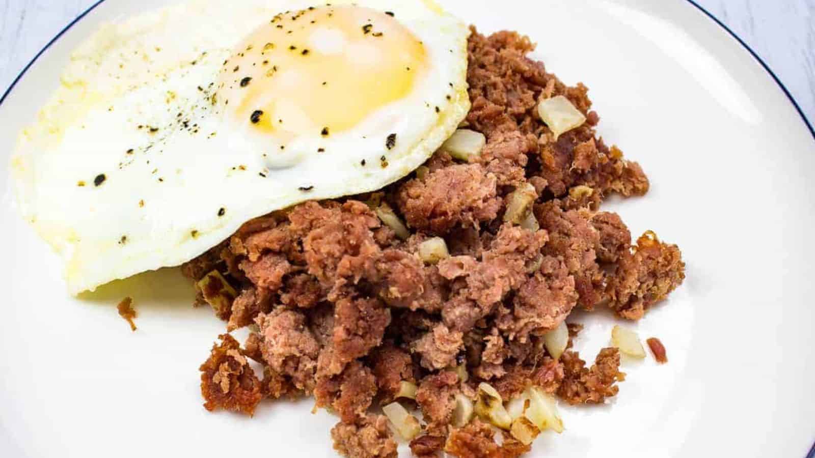 Canned corned beef hash on a plate with a fried egg.