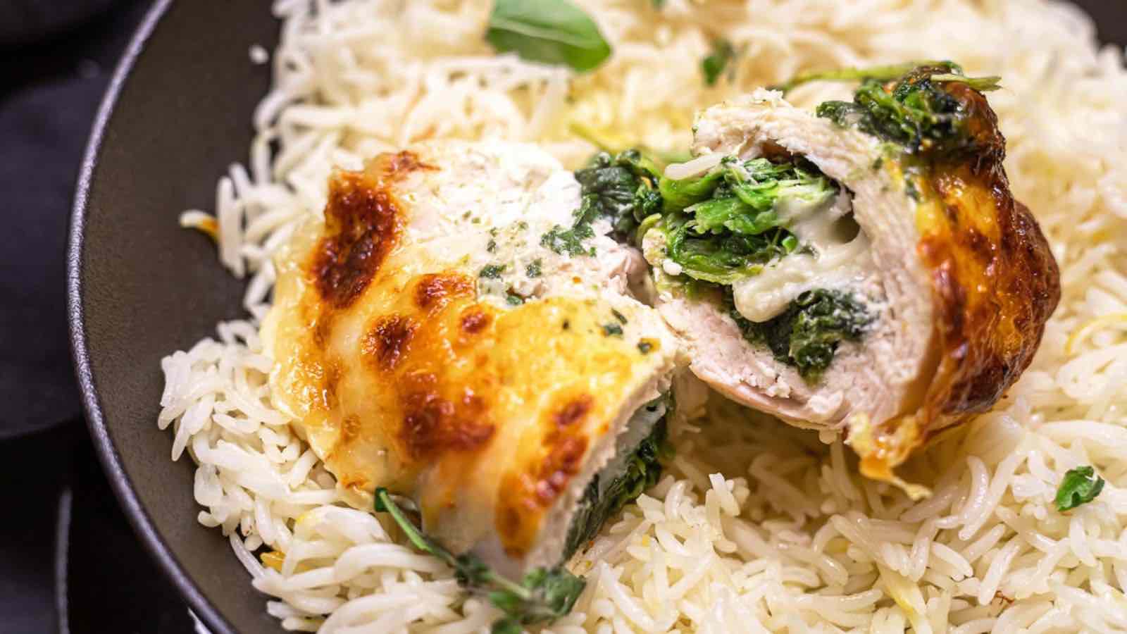A plate of cooked white rice topped with a piece of stuffed chicken breast offers an easy meal option. The chicken, filled with spinach and melted cheese, has a golden brown exterior. Fresh herbs are scattered on top, making it perfect for quick dinners or simple recipes enthusiasts.