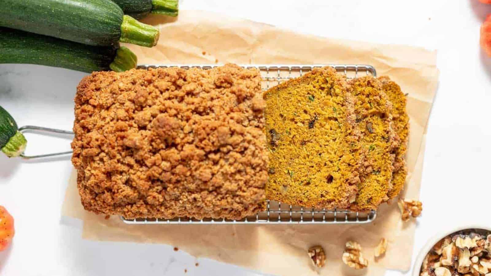 Sliced pumpkin zucchini bread.