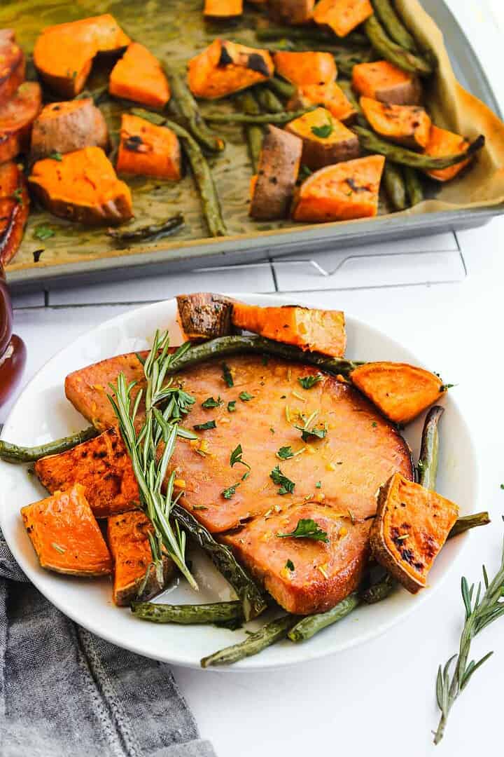 Brown Sugar Veggies and Ham Steak Sheet Pan : Thermocookery