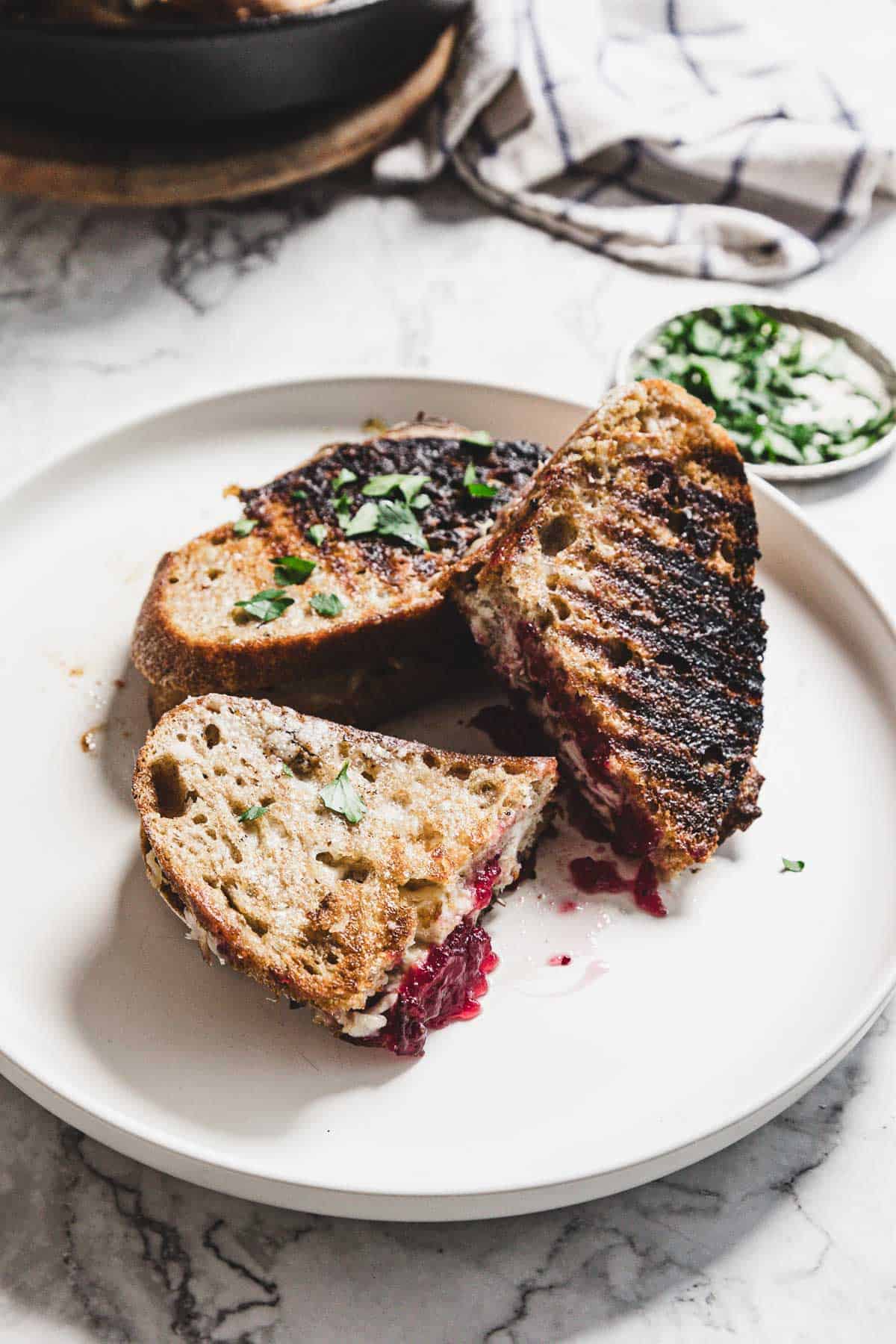 A plate with three slices of toasted bread filled with melted cheese and cranberry sauce. The golden-brown bread boasts grill marks, and it's garnished with chopped herbs. A small bowl with extra herbs sits in the background, enhancing the delicious melt experience.