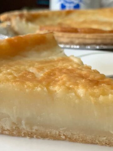 A close-up of a slice of custard pie on a floral-patterned plate with a fork, with the rest of the pie visible in the background. The pie has a golden crust and creamy, pale filling.