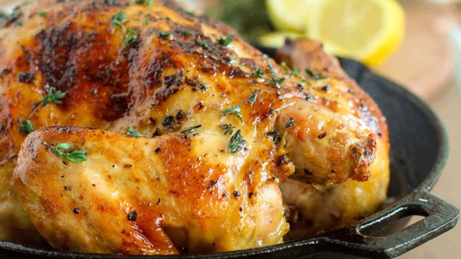 A roasted chicken with golden, crispy skin, garnished with herbs and lemon slices in a black cast iron pan, makes for the perfect weekend recipe. Seasoned to perfection and cooked to a golden brown, this dish is your well-deserved reward for getting through the week.
