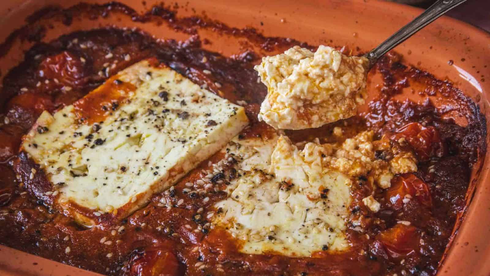 A ceramic baking dish with roasted cherry tomatoes, two slabs of baked feta cheese topped with black pepper, and a spoon scooping a portion of the soft cheese and tomato mixture.