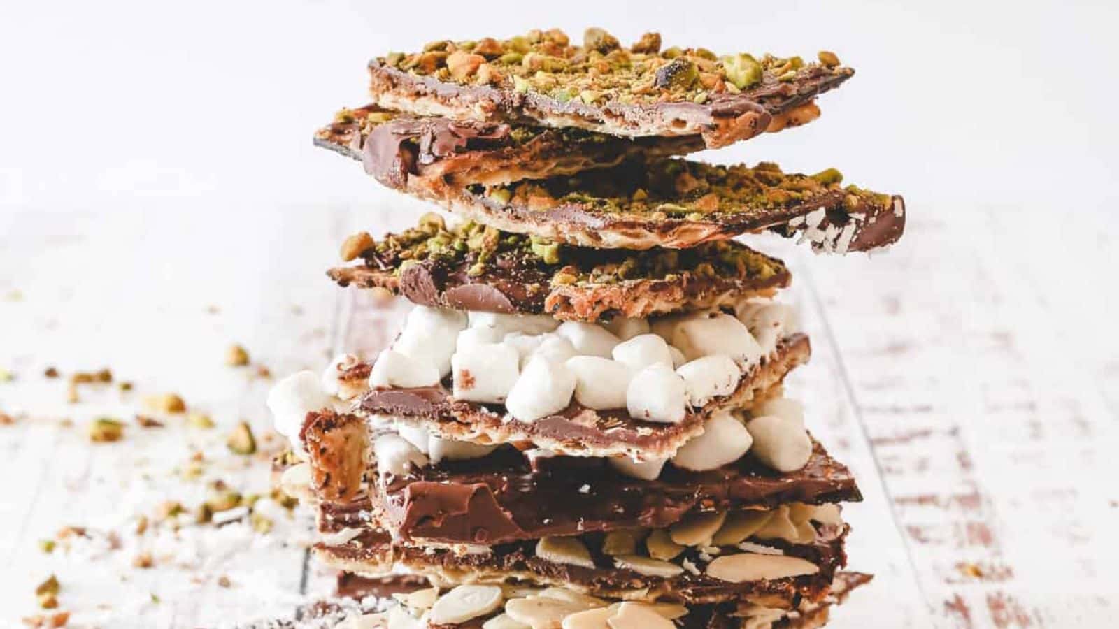 Close up on matzo crack with marshmallow and pistachio.