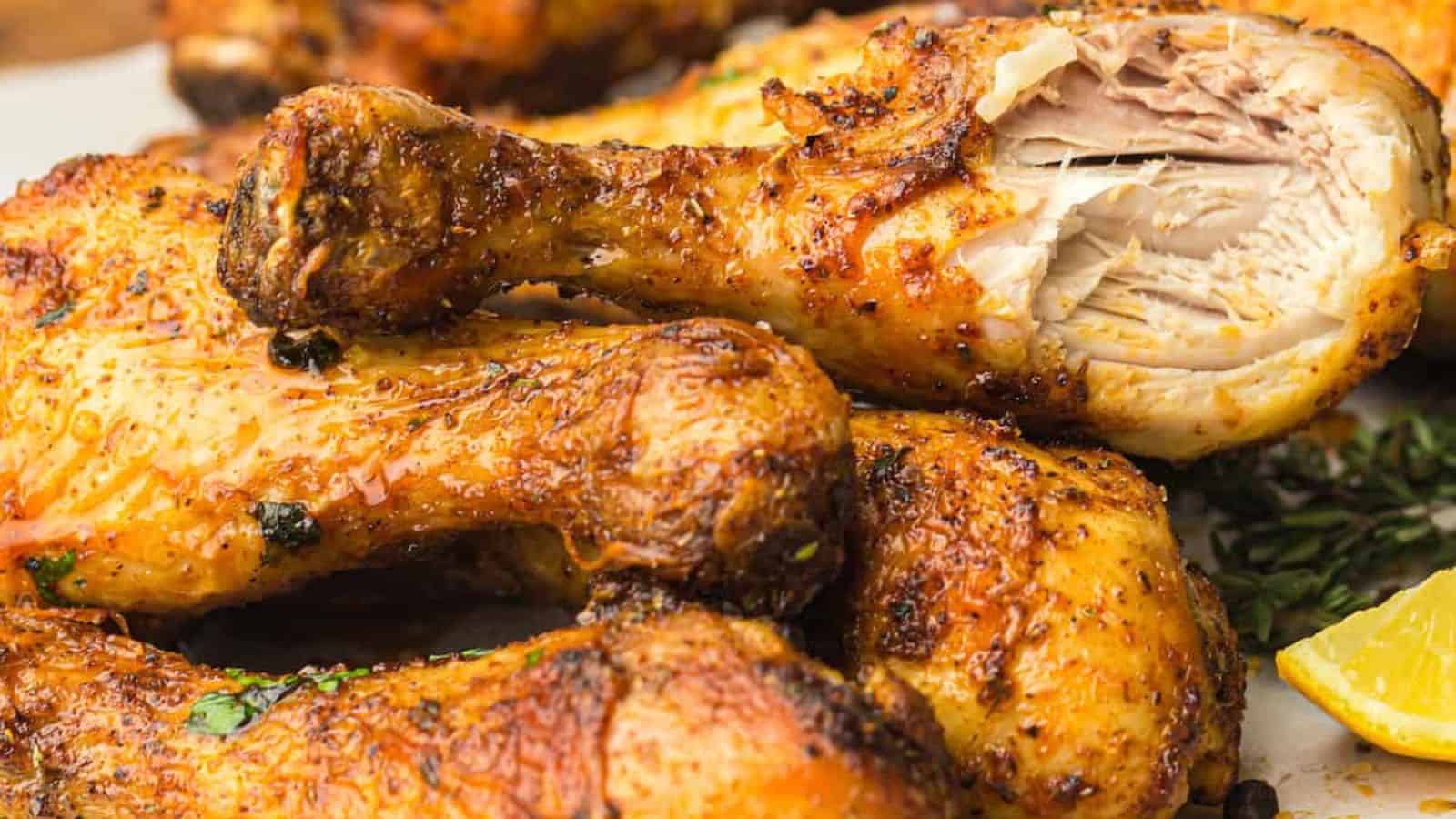 Close-up of a stack of seasoned, grilled chicken drumsticks, with one drumstick partially eaten, revealing moist, cooked meat inside. A lemon wedge and herbs are visible in the background.
