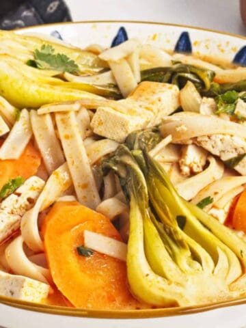 A bowl of noodle soup with tofu slices, baby bok choy, carrot rounds, and fresh herbs in a light, orange-colored broth.