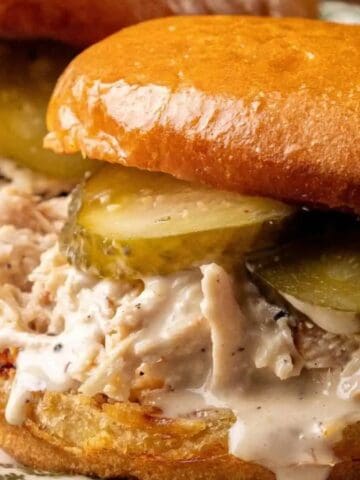 A close-up of a sandwich with shredded chicken in a creamy white sauce, topped with pickle slices and served in a glossy toasted bun, resting on a patterned plate.