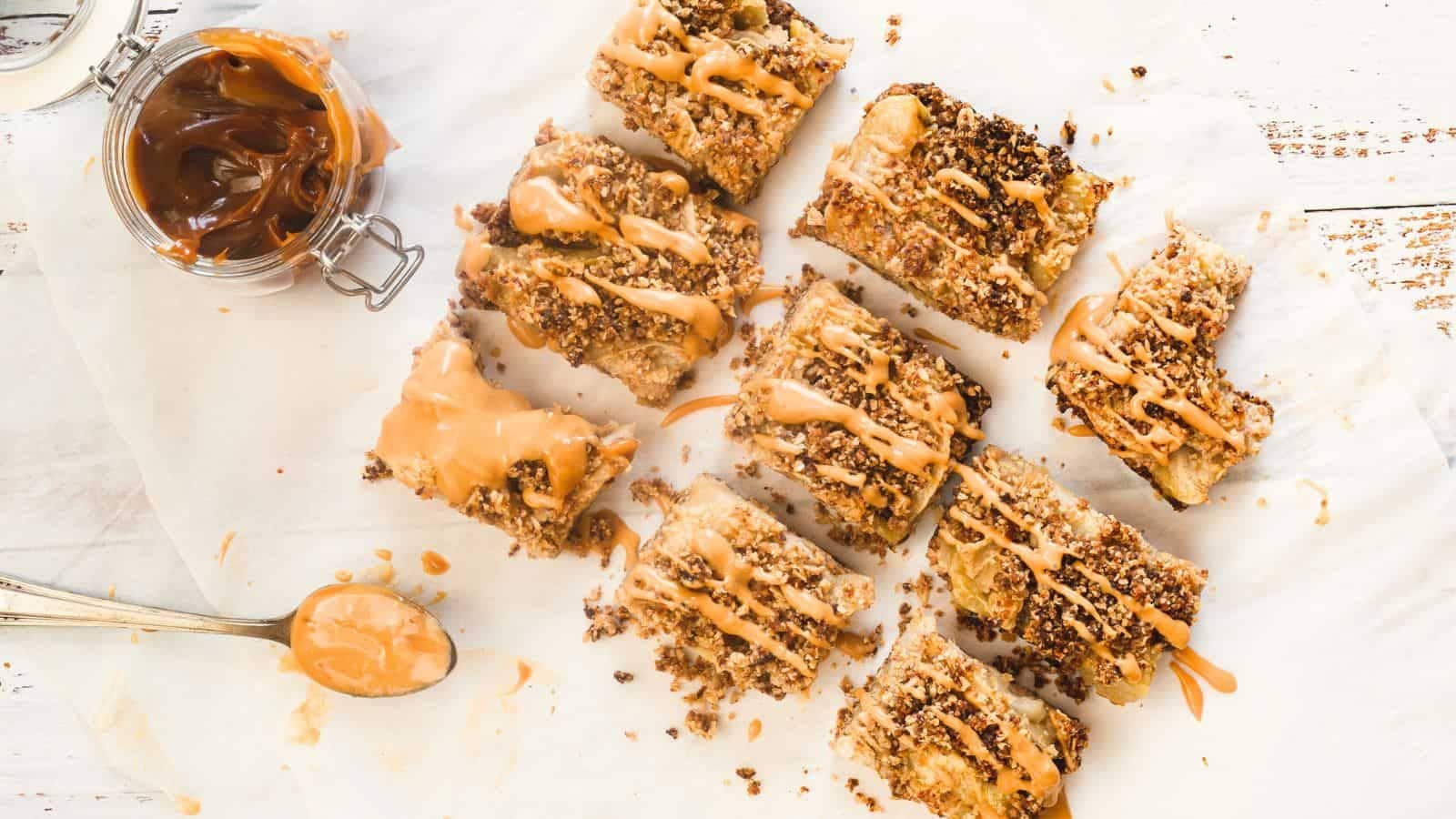 Peanut butter and chocolate bars on a white sheet of paper with Mom's cooking recipes.