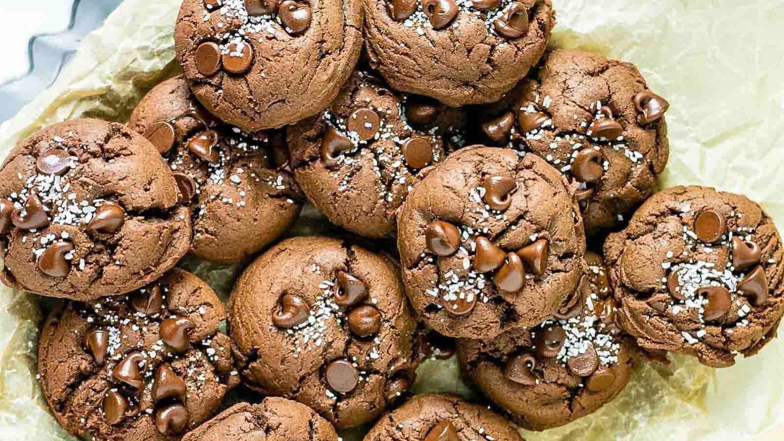 Horizontal overhead shot of a platter of chocolate chocolate chip cookies.