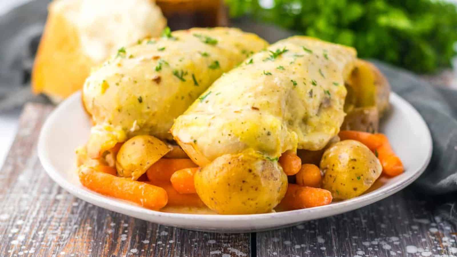 Plate of chicken with a creamy sauce, served with potatoes and carrots, garnished with parsley.