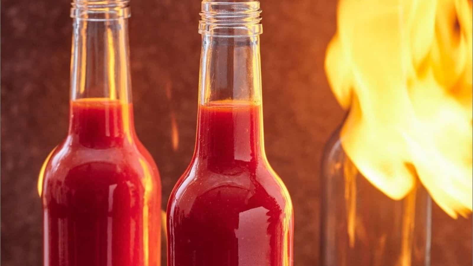 Two bottles of red hot sauce with a bright flame in the background.
