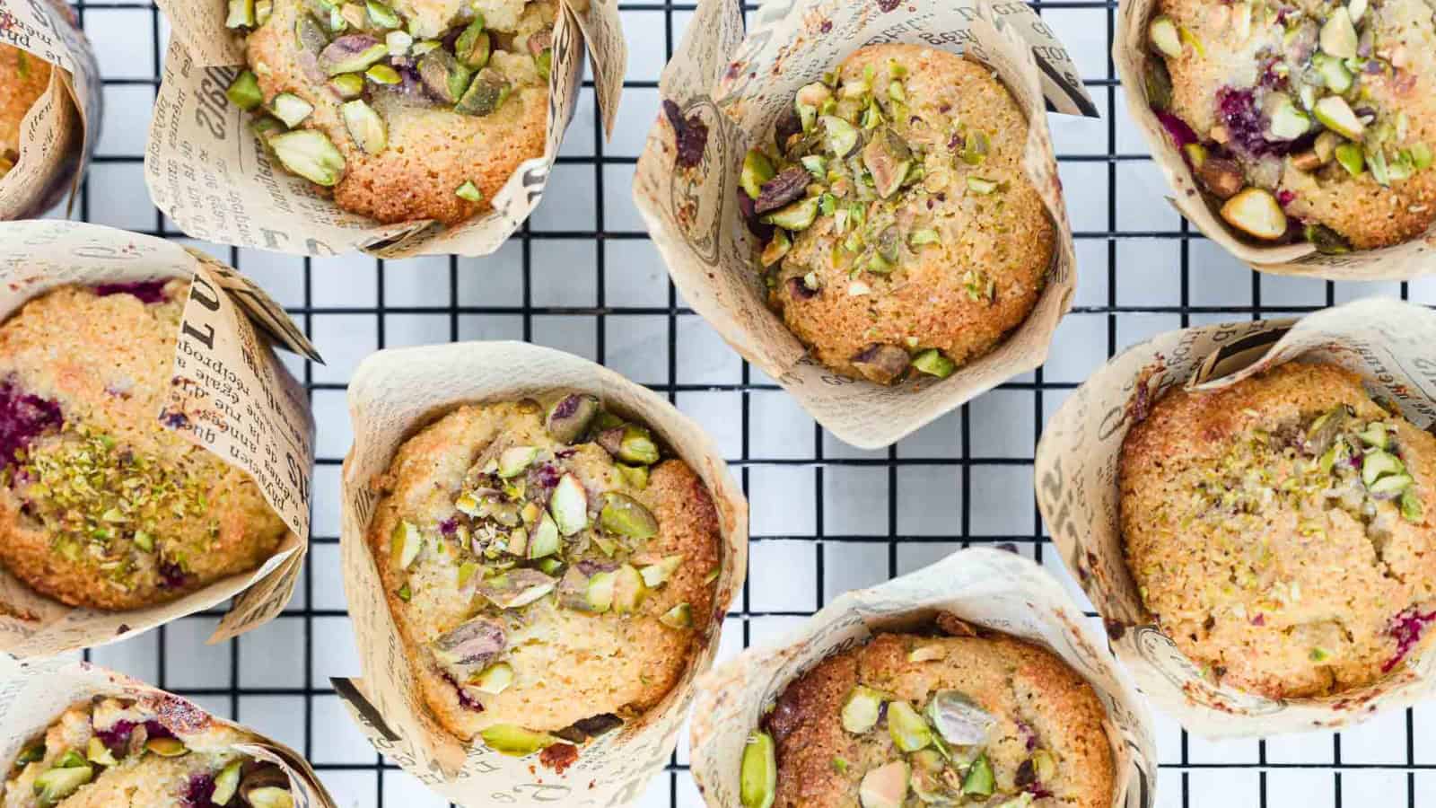 Muffins topped with chopped pistachios in paper wrappers on a cooling rack.