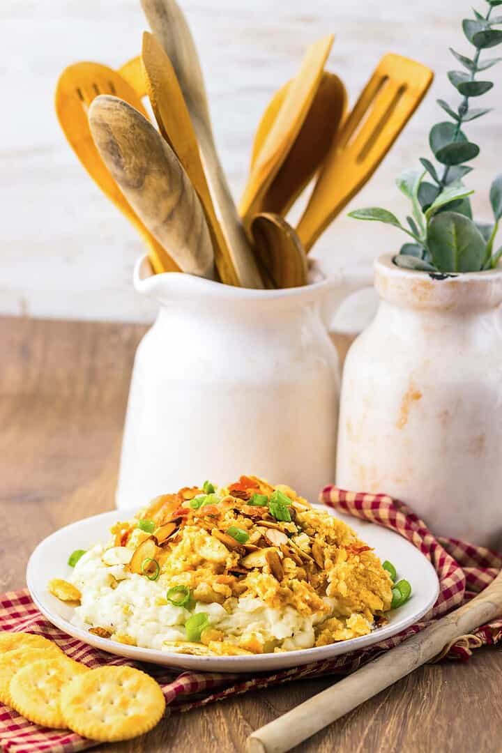 Plate of creamy slow cooker chicken casserole with crackers, on a checkered cloth, wooden utensils, and a potted plant behind.