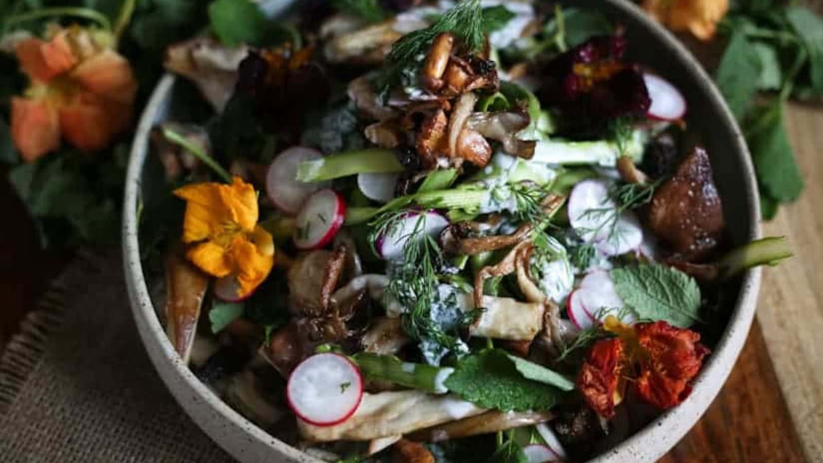 Overhead of fiddlehead salad.
