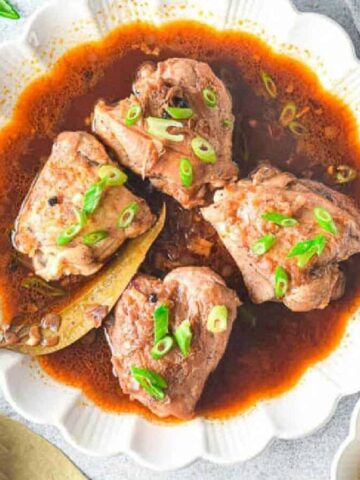 Overhead shot of a plate of chicken adobo with rice and scallions on the side.