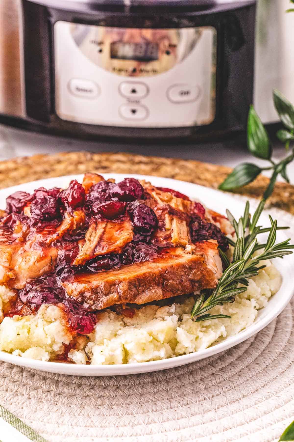 Slices of turkey with cranberry sauce on mashed potatoes, garnished with rosemary, served in front of a Crockpot.