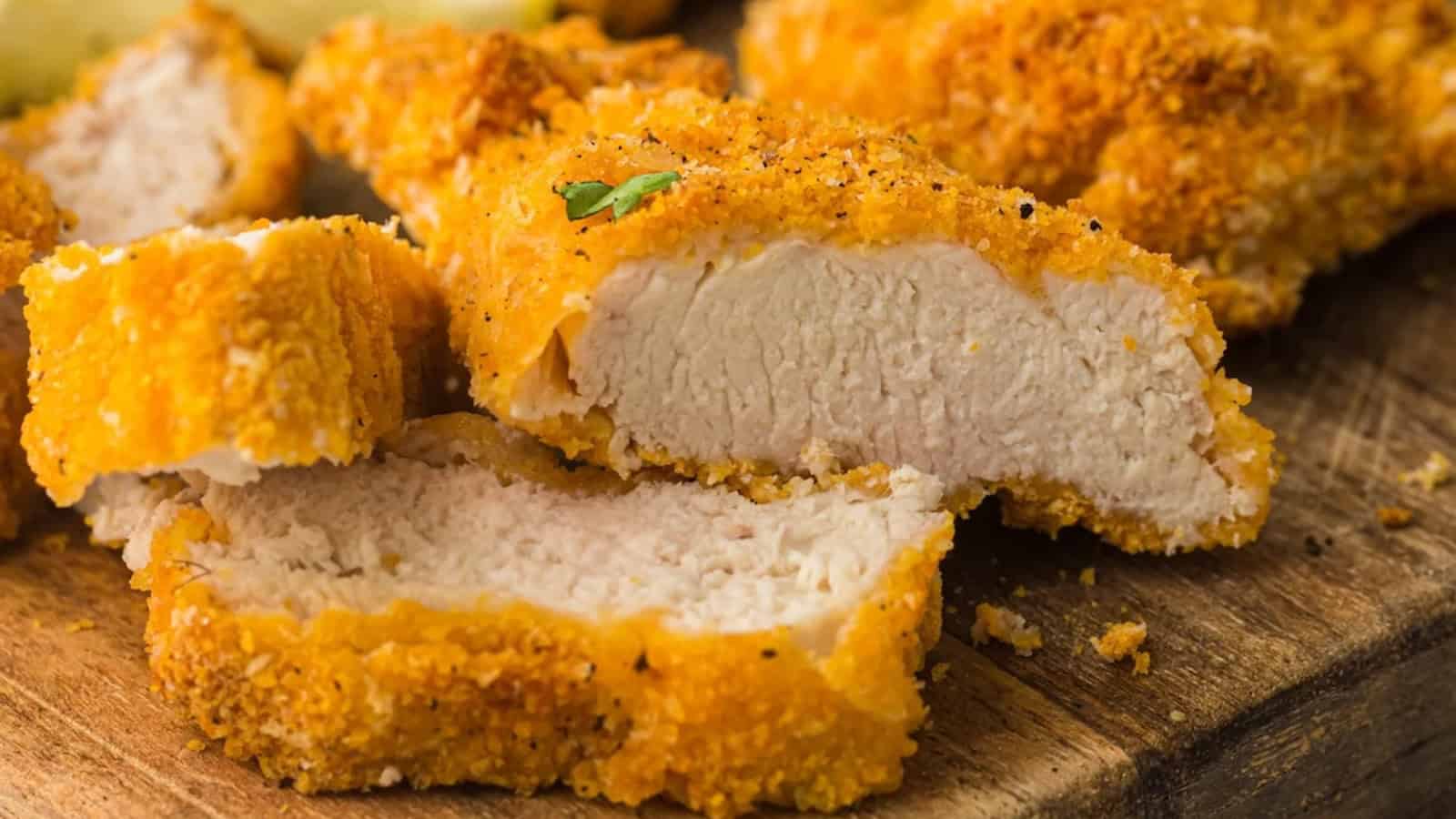 Sliced breaded and fried chicken breast on a wooden board, garnished with herbs and accompanied by lemon slices.
