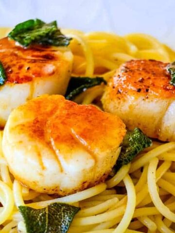 Three seared scallops on a bed of spaghetti, garnished with crispy sage leaves on a white plate.