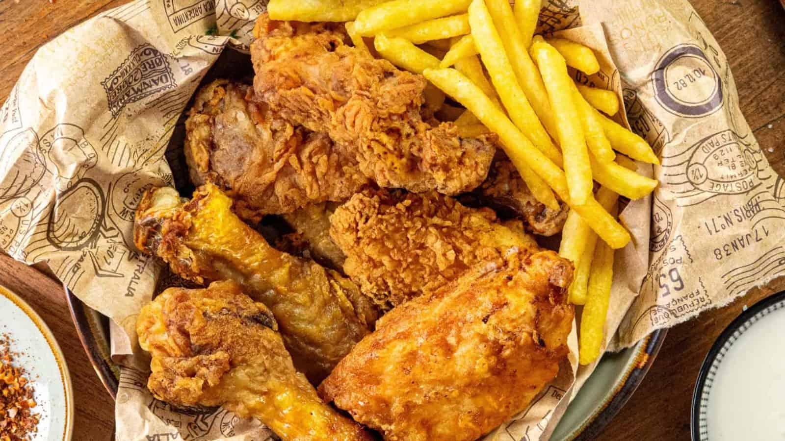 A basket of fried chicken pieces and fries on newspaper-themed paper, placed on a wooden table with a side of seasonings.
