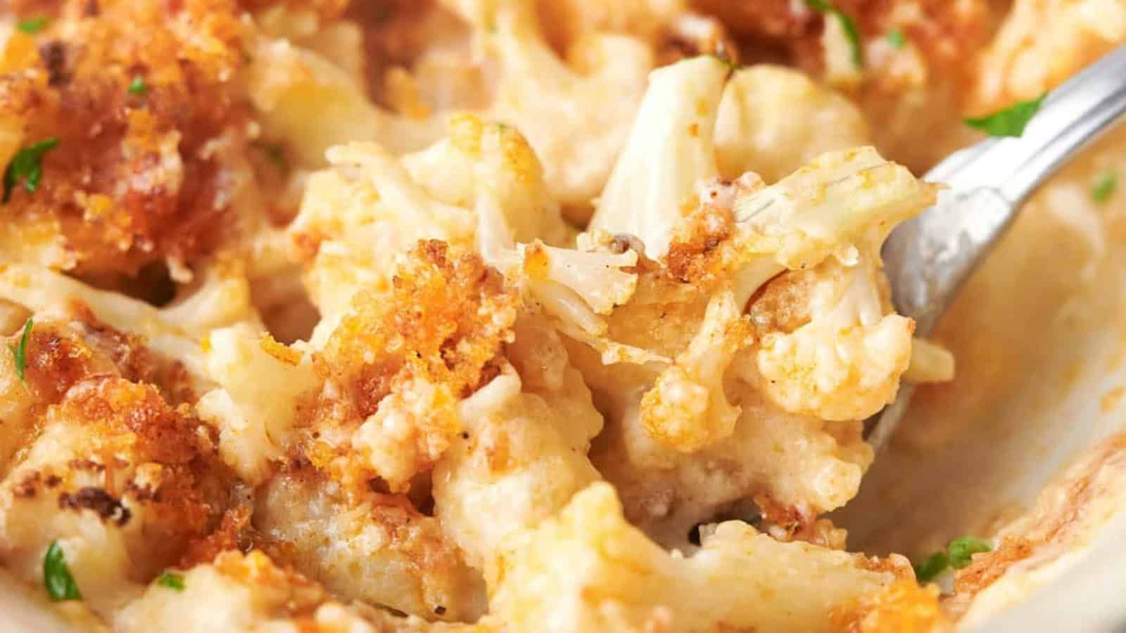 Cheesy cauliflower casserole in a white dish with spoons.