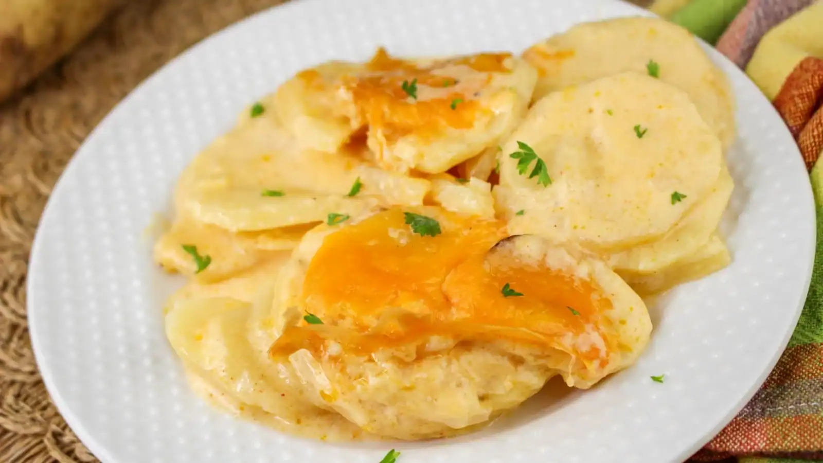 A white plate with cheesy potatoes, garnished with parsley.