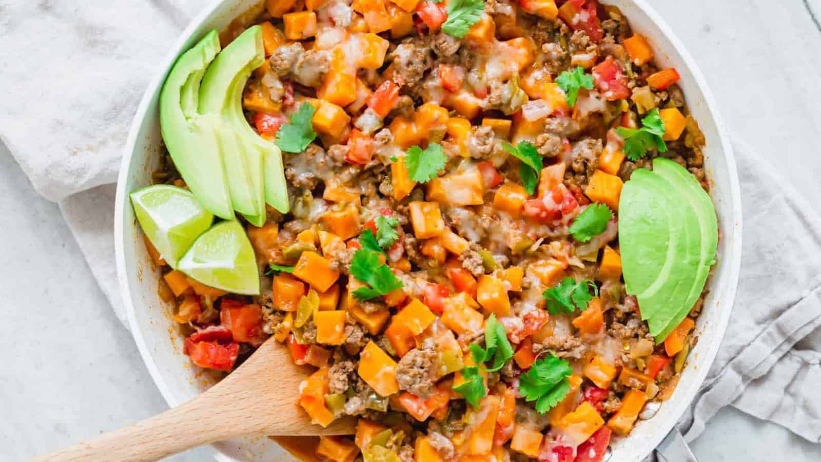 Ground beef and sweet potato skillet.