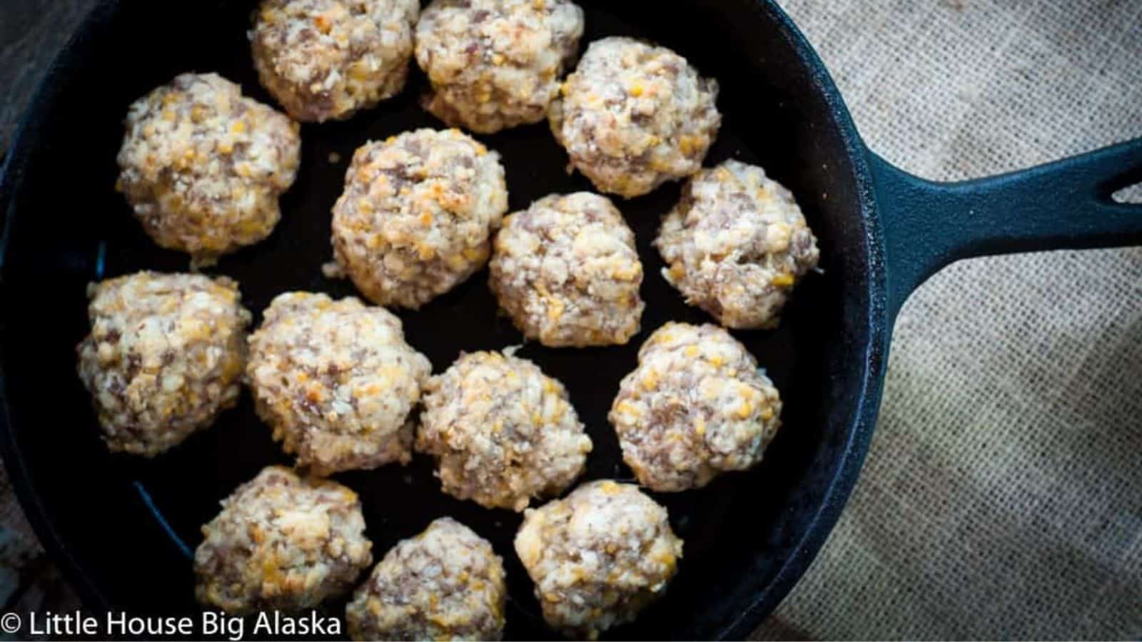 Sausage balls in a cast iron skillet. 