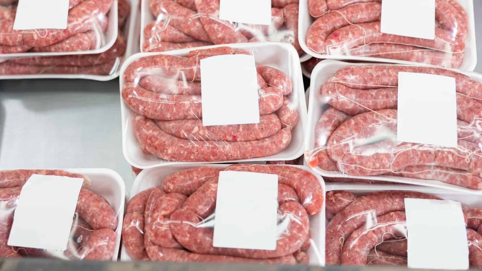 Plastic-wrapped packages of raw sausages with blank white labels stacked on a display.