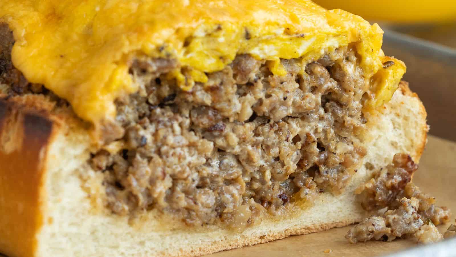 A cheesy grilled sandwich on a baking sheet.