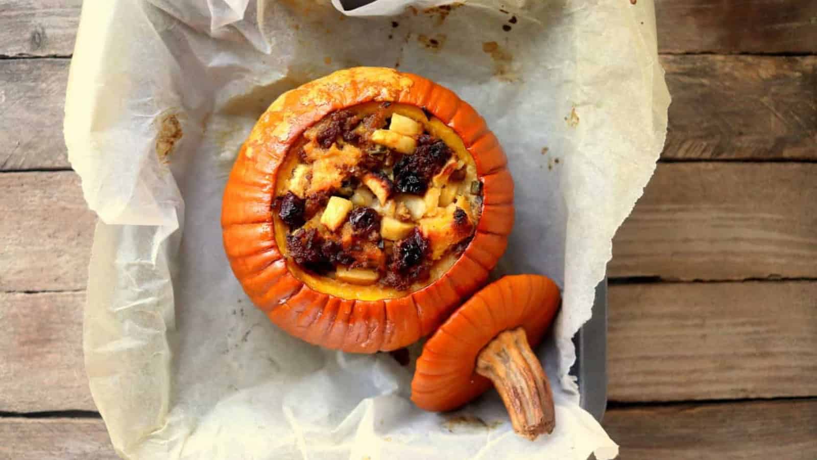 A pumpkin stuffed and bakked in a pan.
