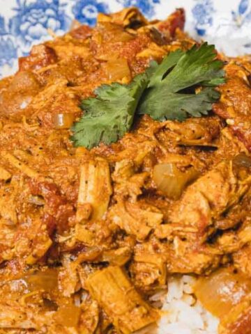 Shredded chicken in tomato sauce over white rice, garnished with cilantro, served in a blue-patterned bowl.