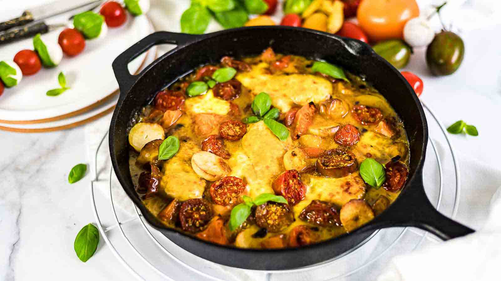 A cast iron skillet with baked chicken, cherry tomatoes, sausage, cheese, and fresh basil.