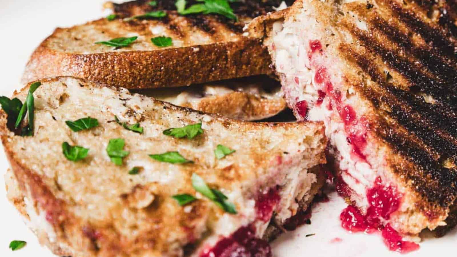 Close-up of a grilled sandwich with turkey, cranberry sauce, and herbs on toasted bread.