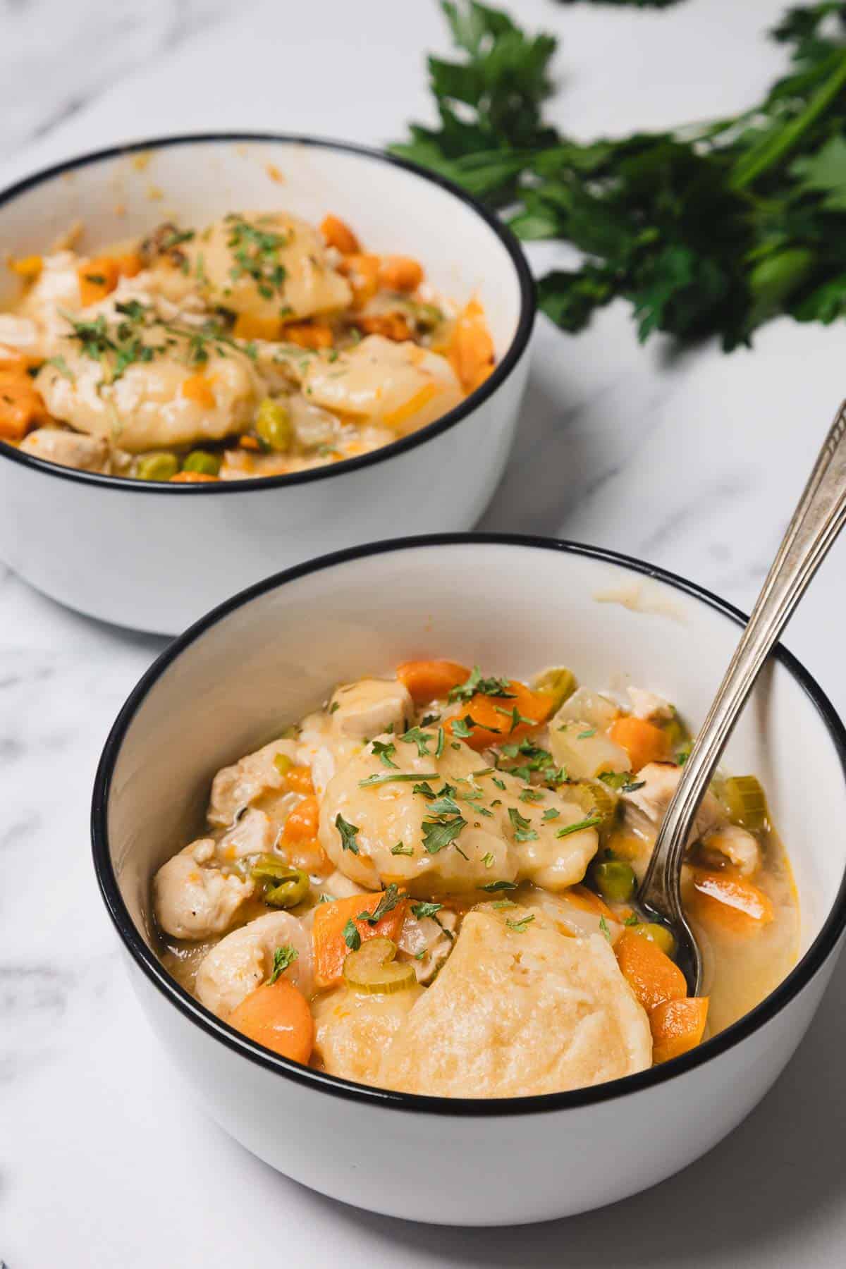 Two bowls of hearty Chicken and Dumplings stew with carrots and peas, garnished with chopped parsley—a perfect easy dinner for any night.