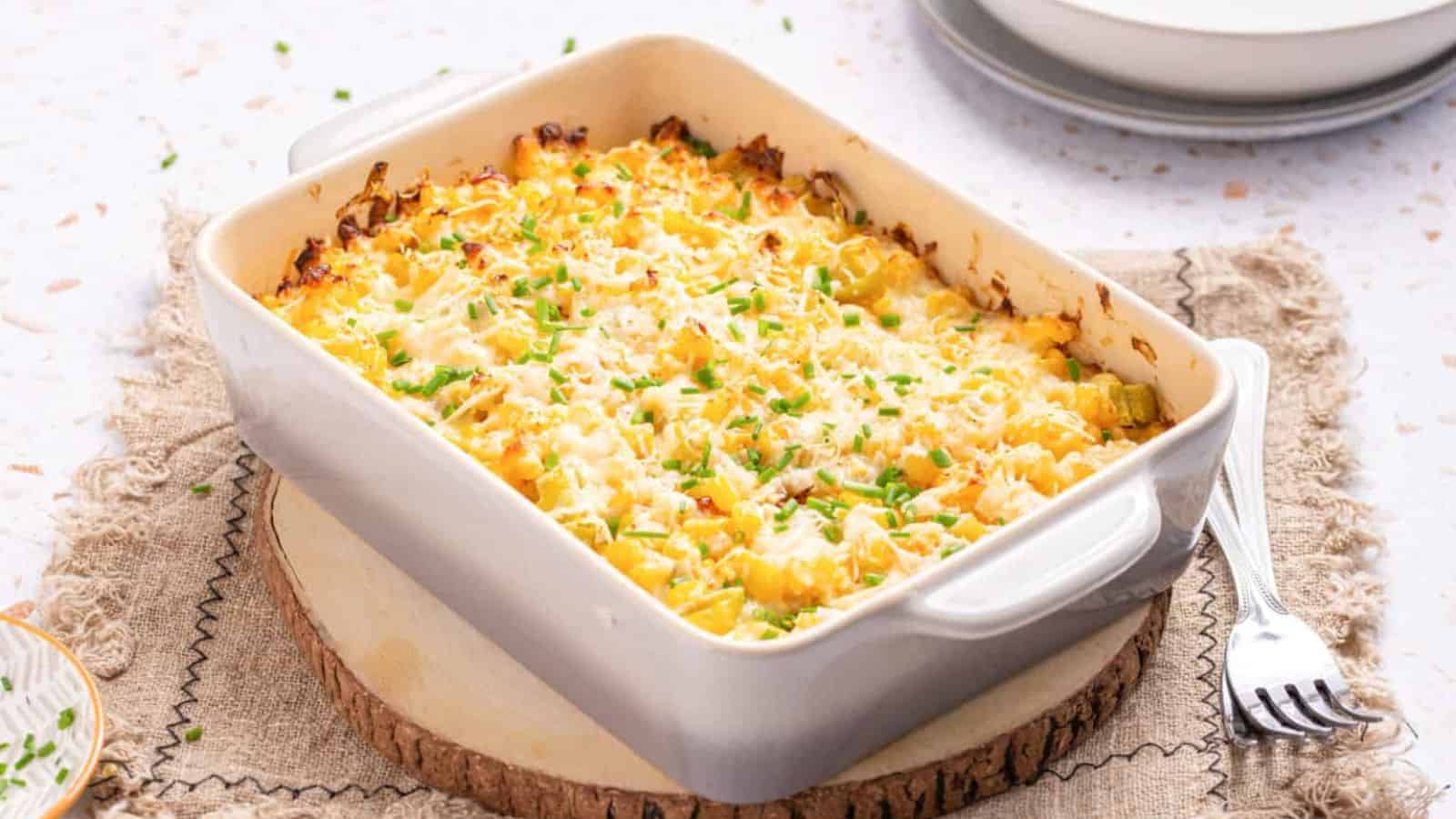 An image of corn casserole with cream cheese, ready to be served.