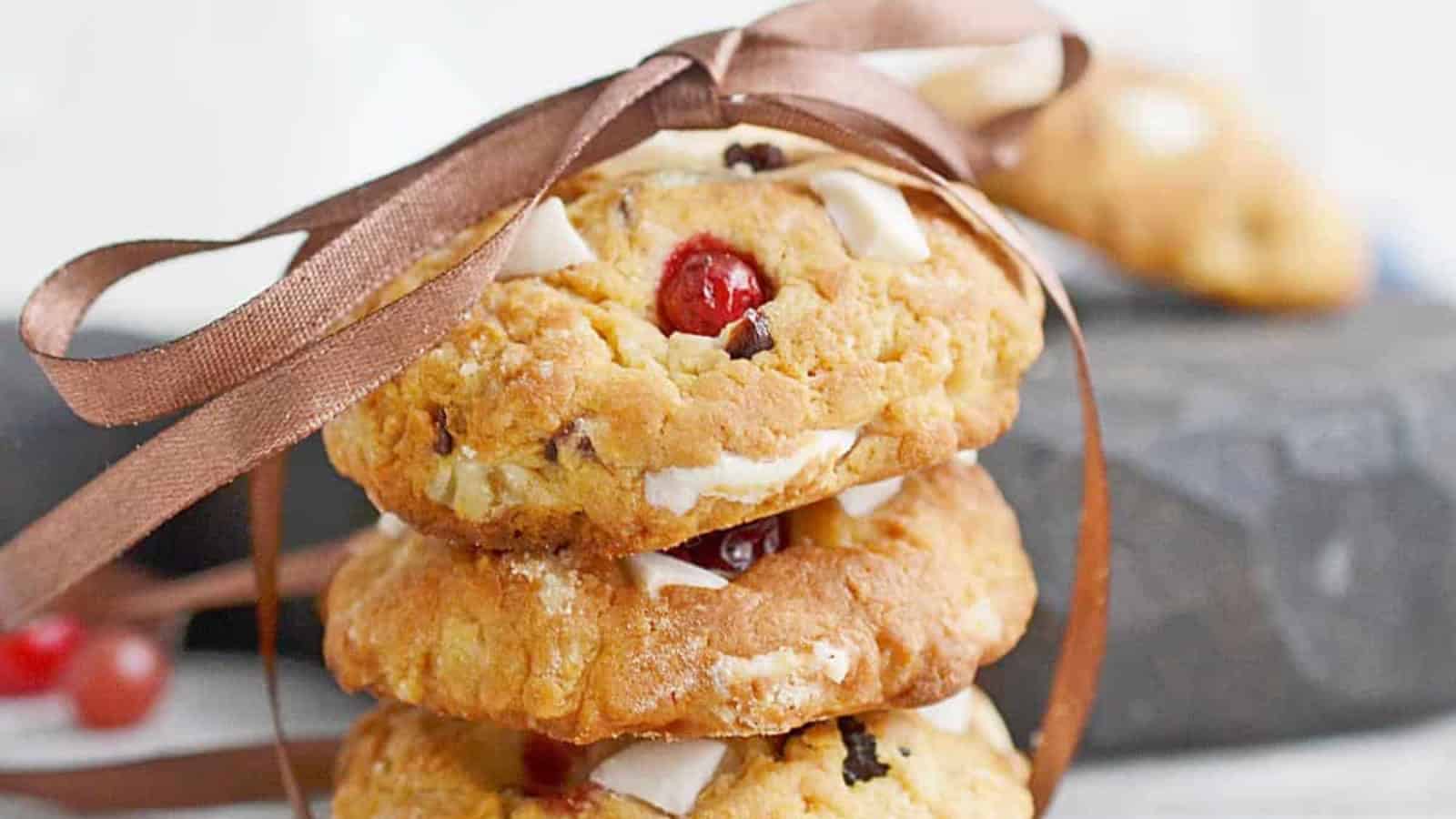 Cranberry cookies with a bite taken out of them.